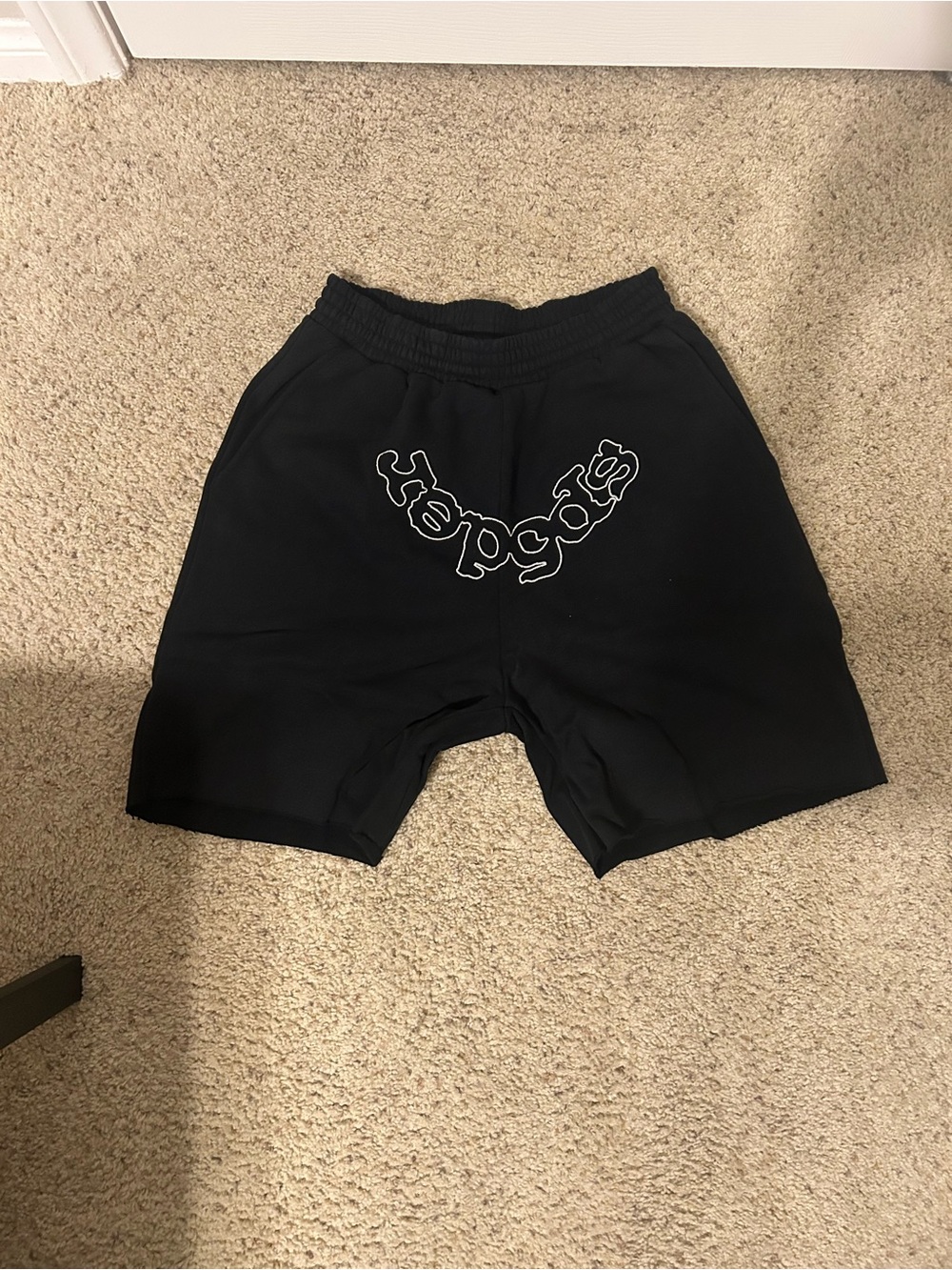 Black Graphic Elastic Waist Shorts - White Logo